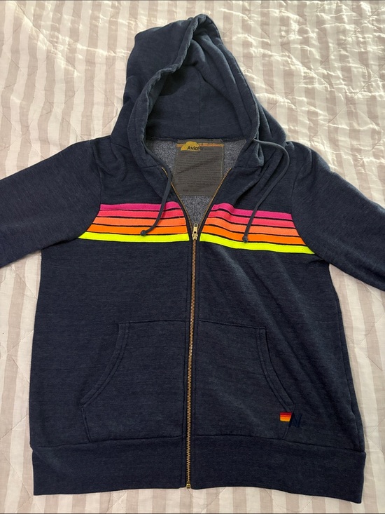 Aviator Nation Tops - Aviator Nation Navy Zip Hoodie with Neon Pink, Orange & Yellow Stripes